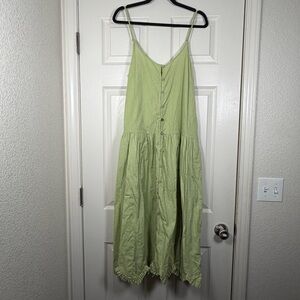 Free People Lora Sage Green Midi Dress Pockets Button Down Drop Waist Boho Med